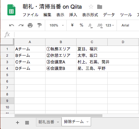 SpreadSheetの画面