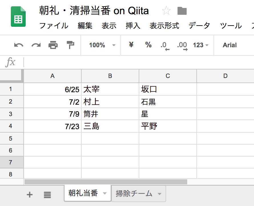 SpreadSheetの画面