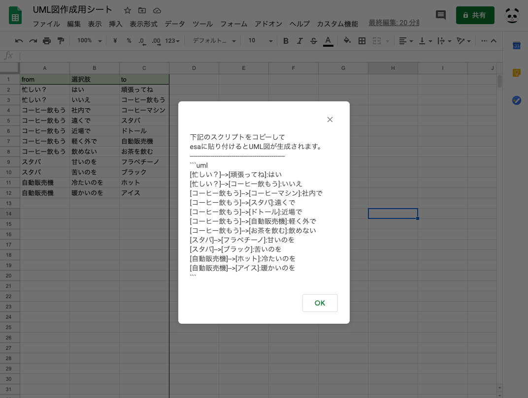 スプレッドシートのメニュー